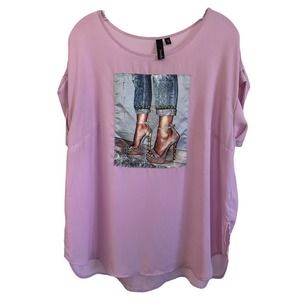 TRENDE Women's Graphic Blouse Glitter Sequin Shoes Detail Plus Size 1X Pink